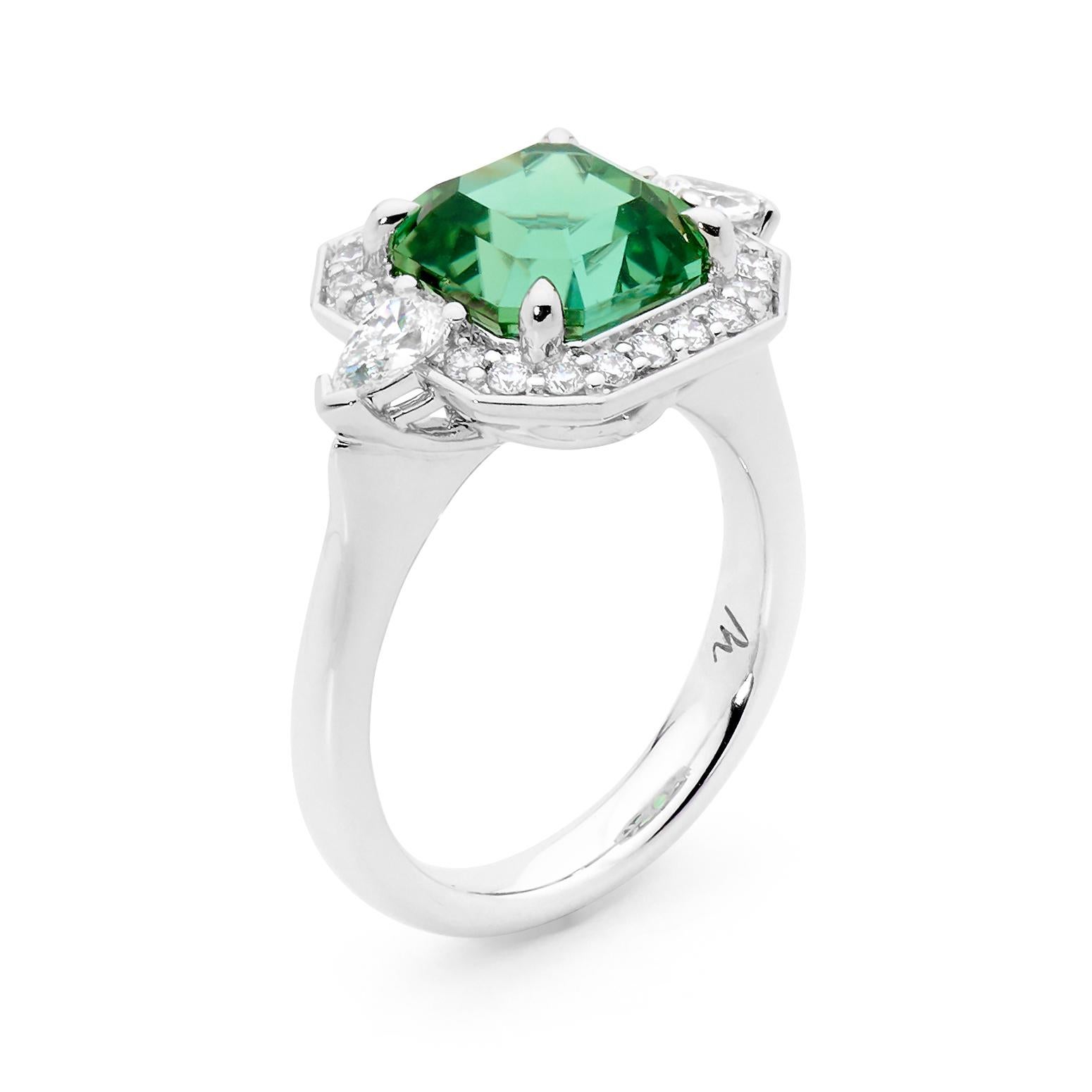 Artisan 18 Karat WG 4.27 Carat Mint Tourmaline and Diamond Dress Ring For Sale