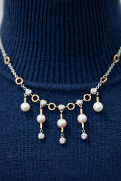 18K WG and YG Diamond and Pearl Fringe Necklace