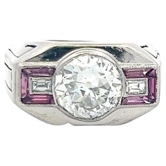 18K WG Art Deco Ring with 2.13 Carat GIA Diamonds & 0.18 Carat Ruby Size 5