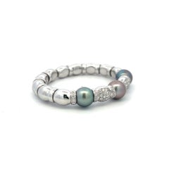 18K WG Bangle Bracelet with 2.5 Carat Round I SI Diamonds and 11.2-11.6mm Pearls