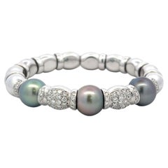 18K WG Bangle Bracelet with 2.5 Carat Round I SI Diamonds and 11.2-11.6mm Pearls