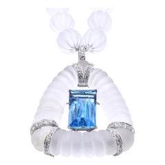 18K WG Carved Rock Crystal Necklace w/ Aquamarine and Diamond Pendant 'Set'