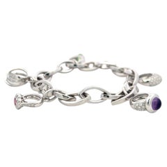 Pulsera de charms de oro blanco de 18 quilates con diamantes redondos de 0,75 quilates, de calidad H SI, y varias piedras preciosas