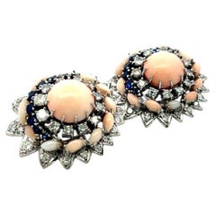 18K WG Cluster Earrings with 2 Ct Circular Diamonds 1.3 Ct Sapphire and Coral