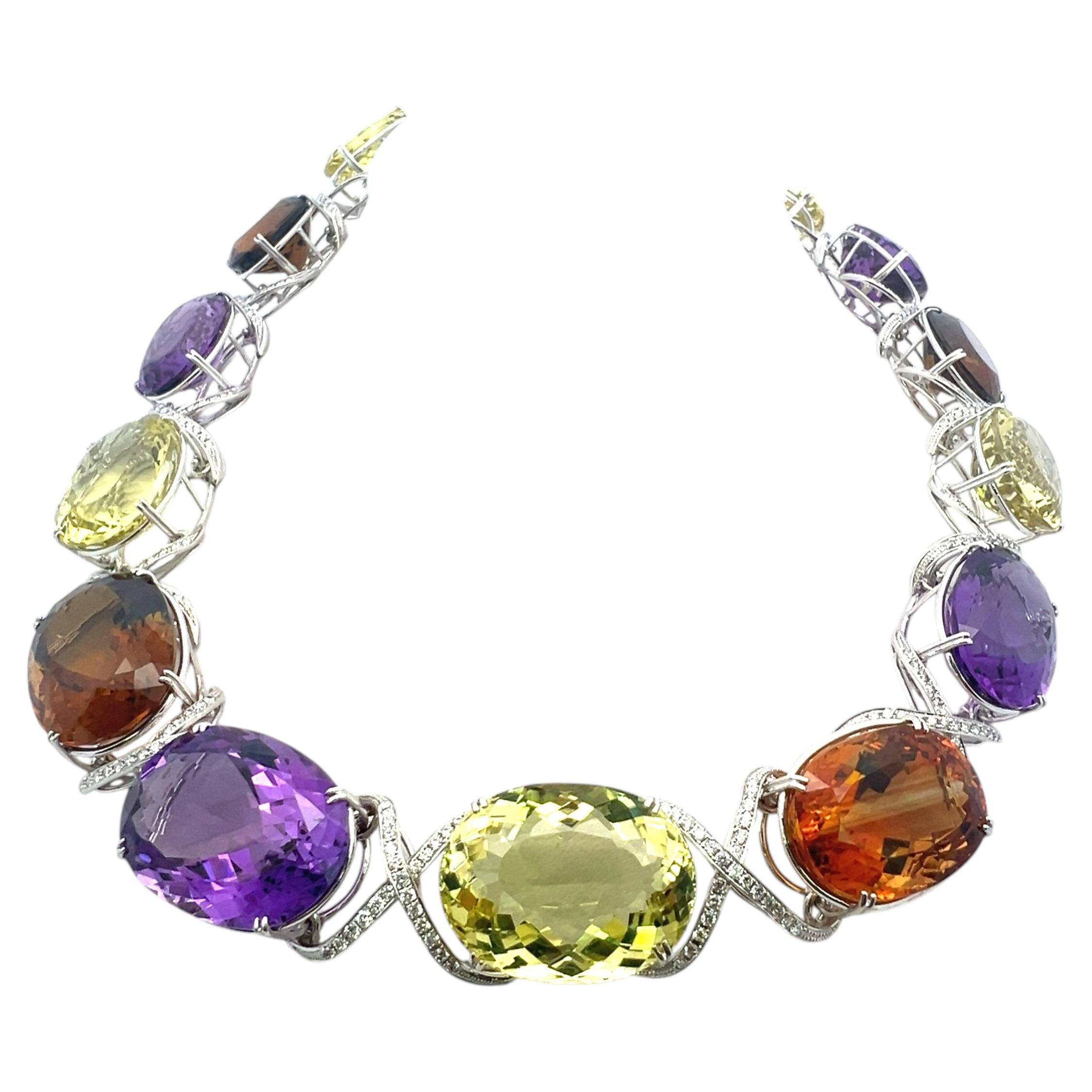 18K WG Collar Necklace 10ct Round H VS1 Diamond 333.3ct Citrine 166.6ct Amethyst