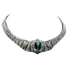 18K WG Collar Necklace with 6ct Round I SI Diamonds & 13x9.75x6.20 MM Aquamarine