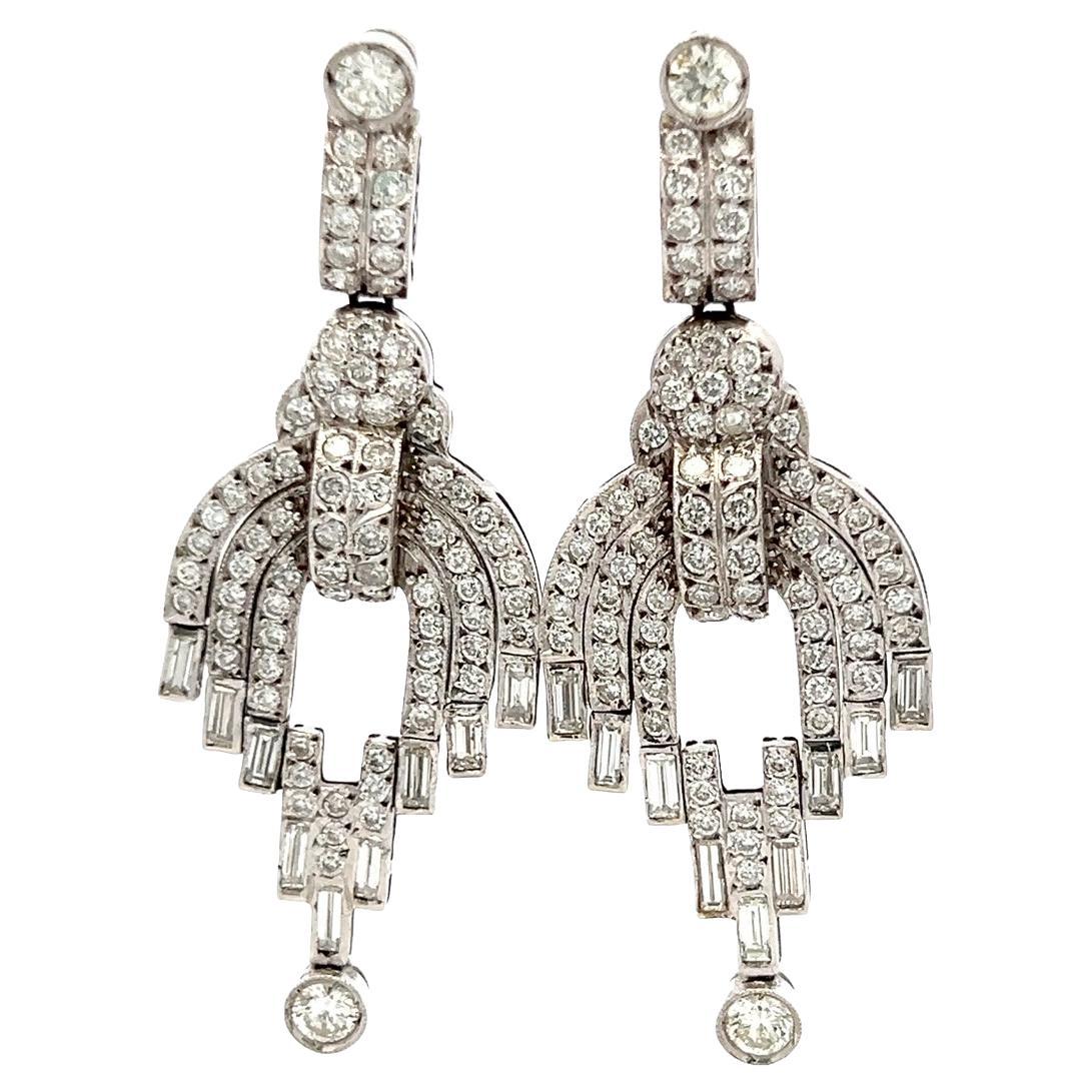 18K WG Dangling Earrings with 7.3 Carat Round & Baguette Shape Diamonds H-VS For Sale