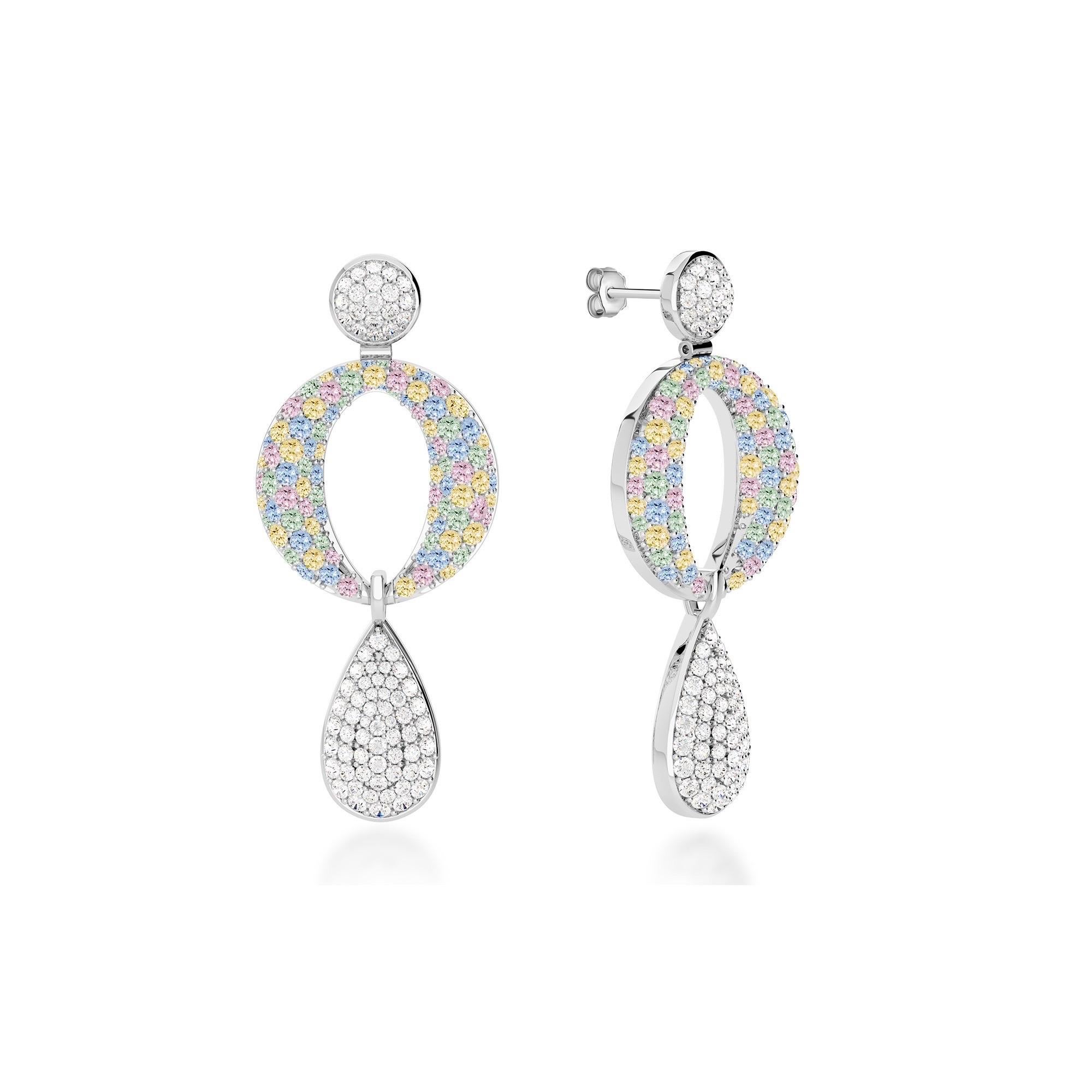 Ruben Manuel Designs “Spring” Earrings.   18K WG Earrings (post) set w/pastel sapphires and white diamond pave.  3.06 ctw.