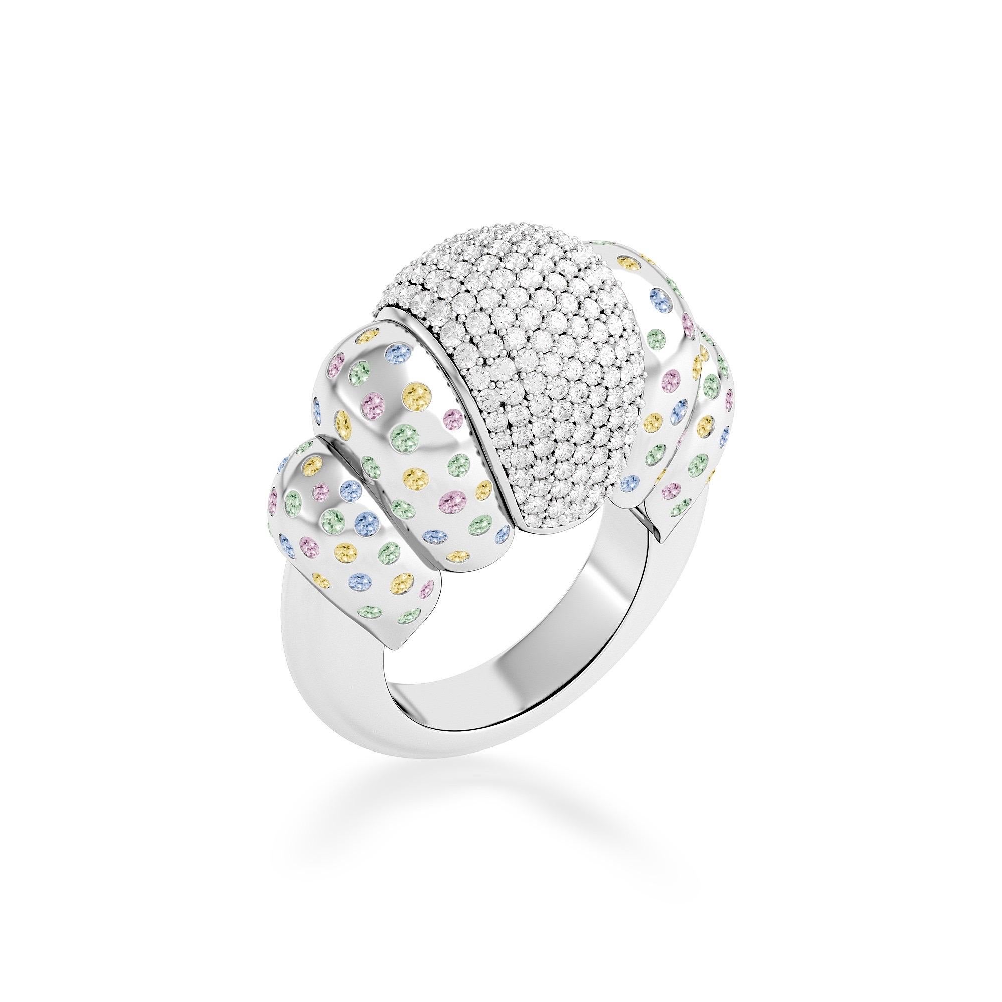 Ruben Manuel Designs “Spring” ladies ring.  18K WG Shrimp ring with pastel sapphires and VS white diamonds.  3.61 ctw.  Size 7.