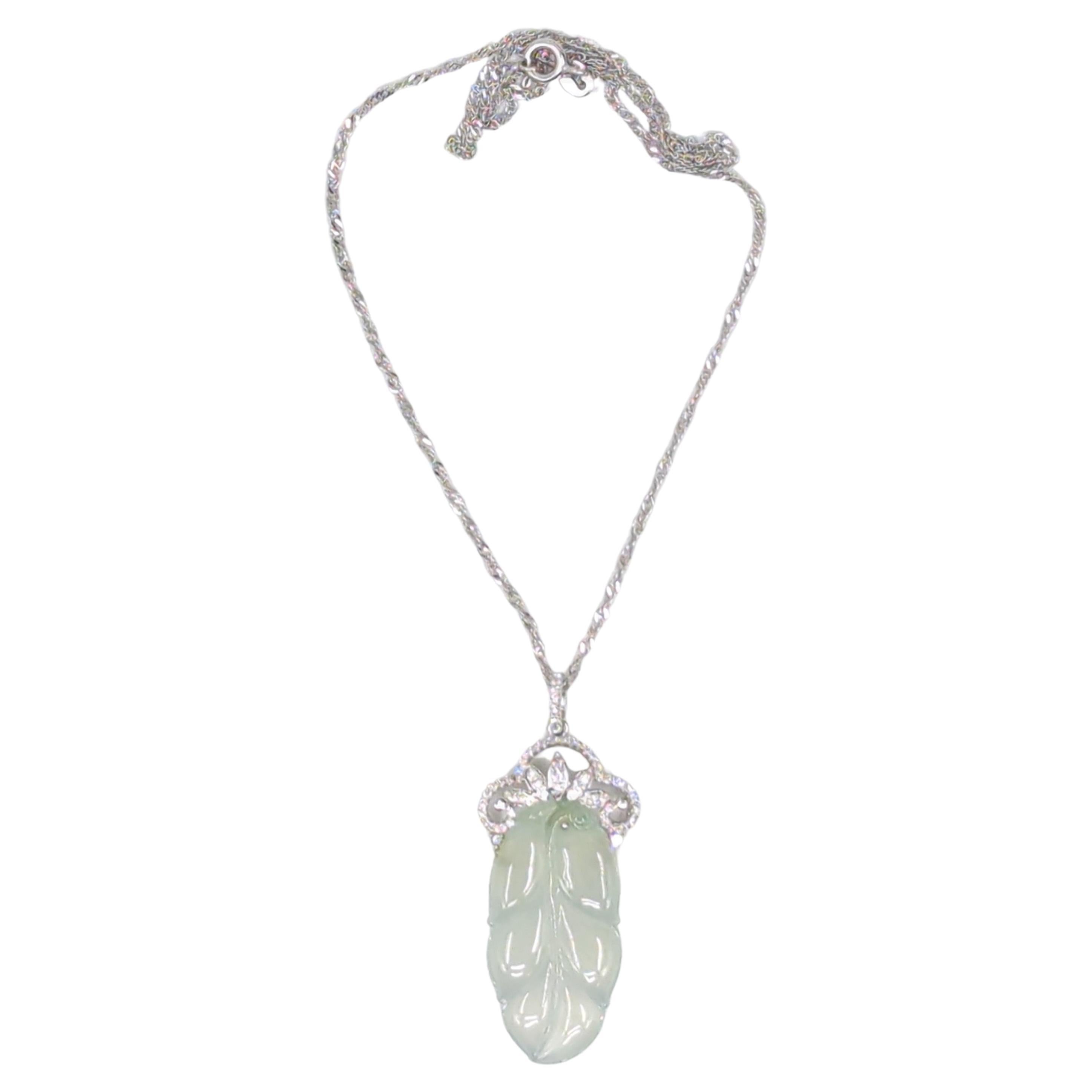 18k WG Icy Jadeite Diamond Pendant 17" 18k WG Necklace GIA Gemologist Appraisal For Sale