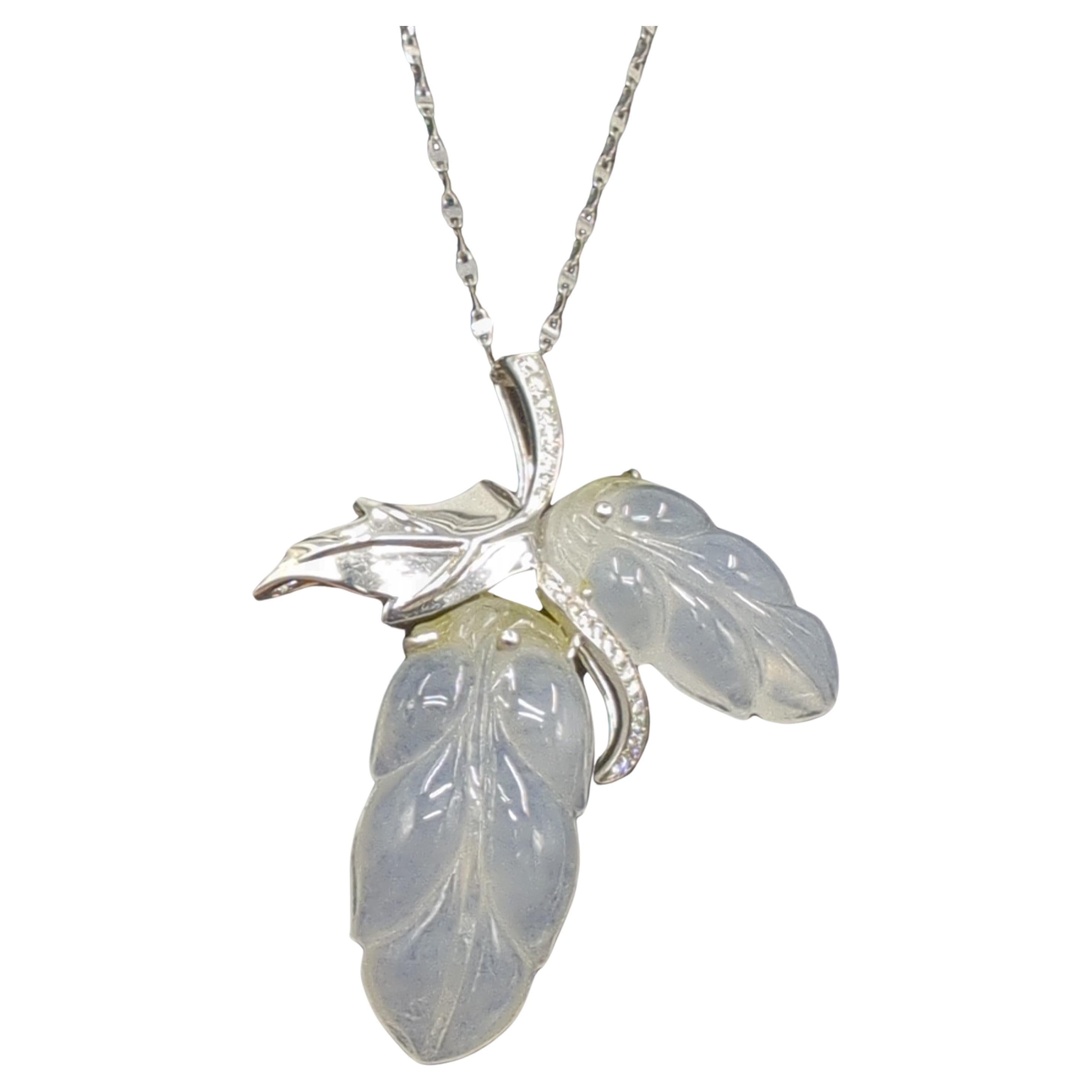 18k WG Icy Jadeite Diamond Pendant with 18" Necklace GIA Gemologist Appraisal For Sale