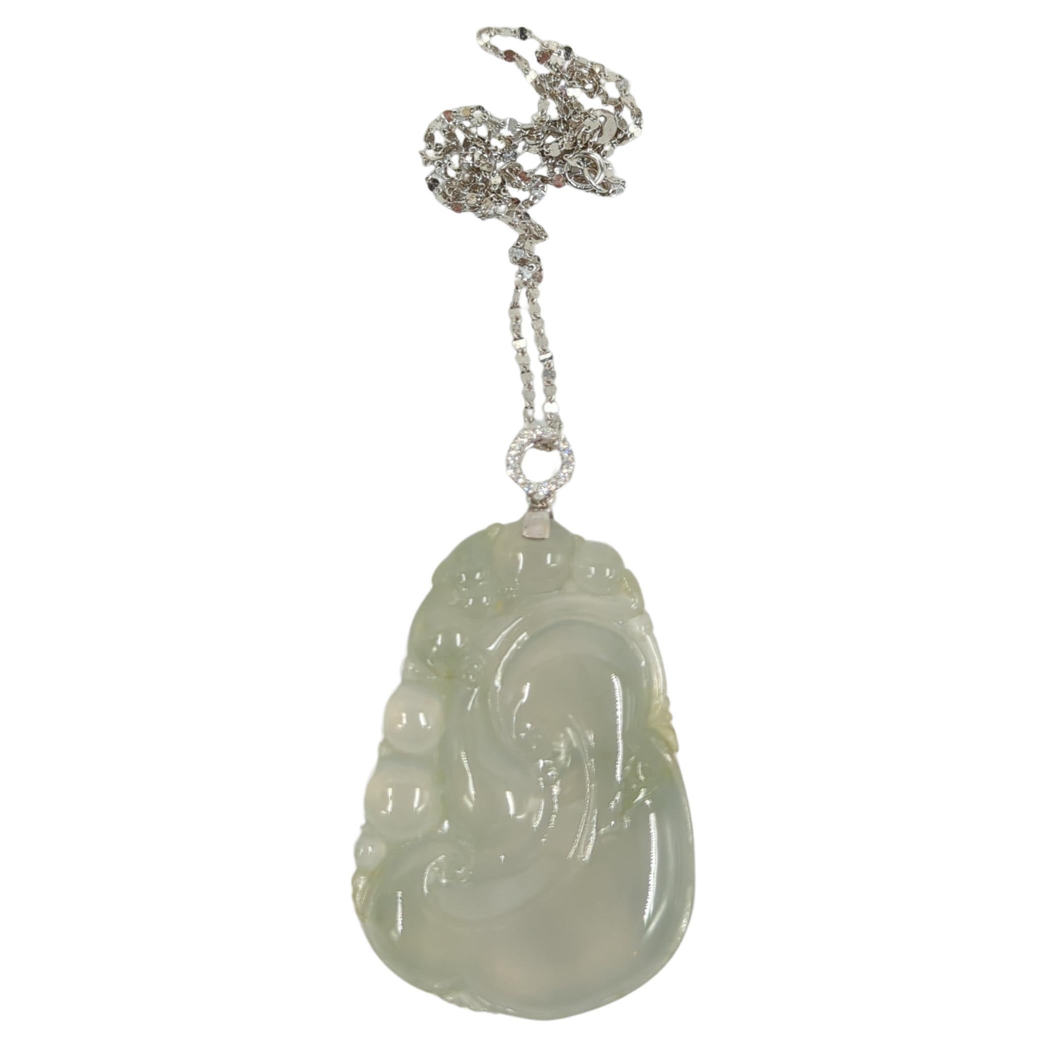 18k WG Icy Ruyi Jadeite Diamond Pendant GIA Gemologist Appraisal 19" Gold Chain For Sale