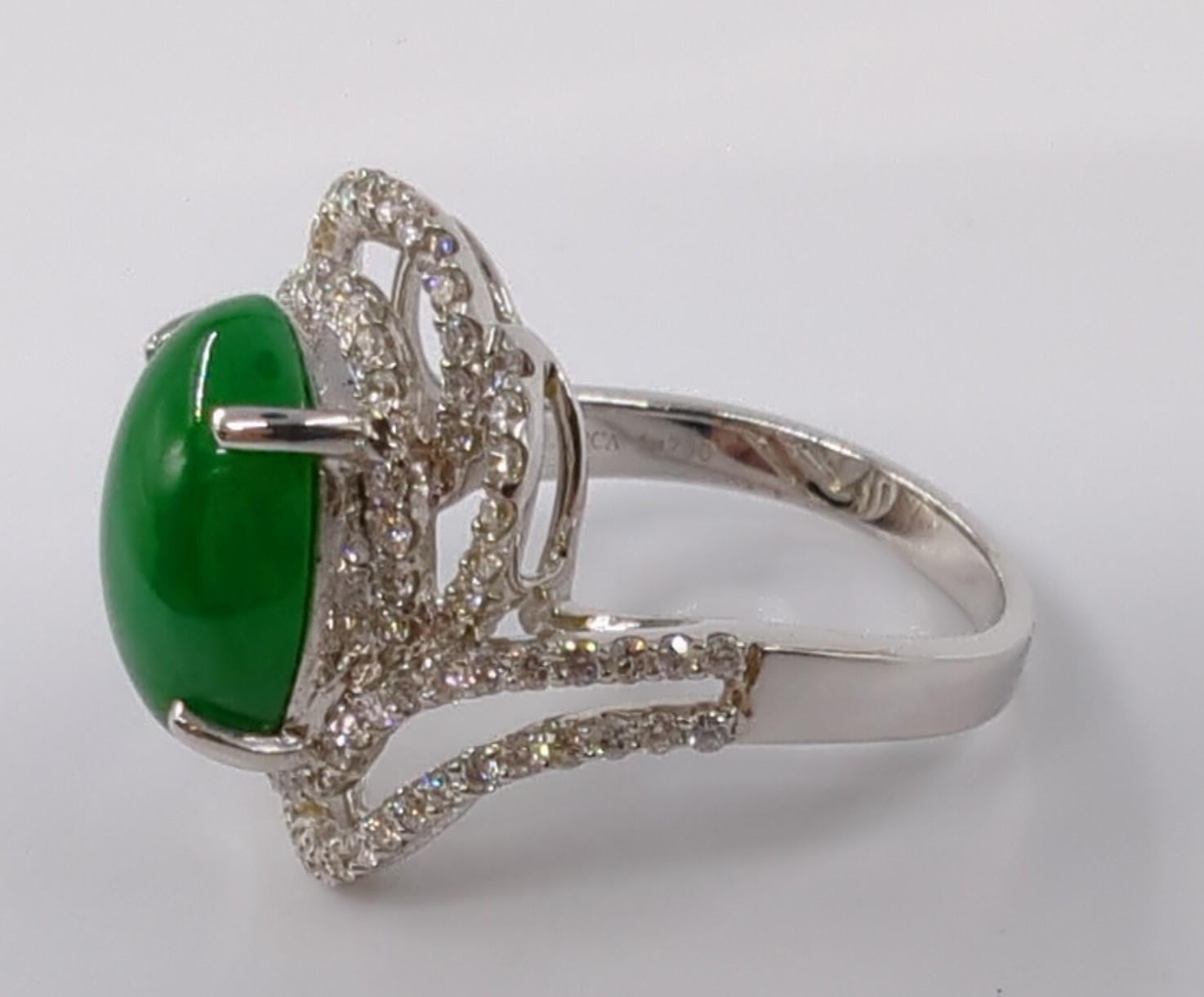 18K WG Ladies A-Grade Green Jadeite Diamond Ring GIA Gemologist Appraisal Sz 7.5 For Sale 2