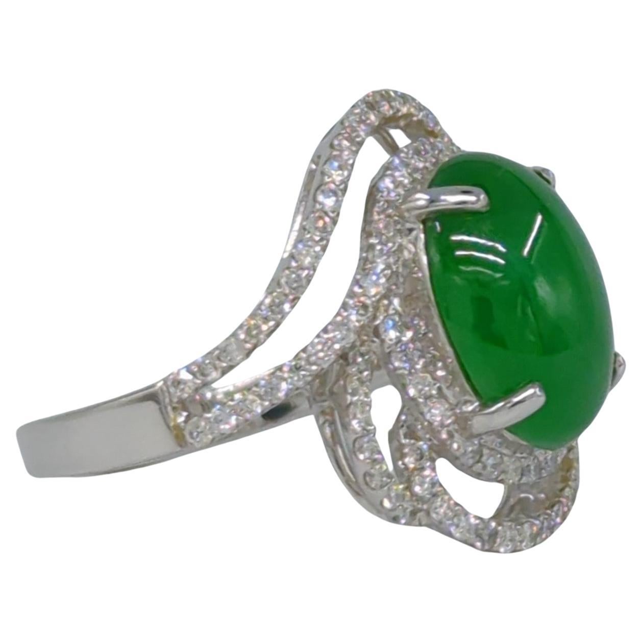 Artisan 18K WG Ladies A-Grade Green Jadeite Diamond Ring GIA Gemologist Appraisal Sz 7.5 For Sale