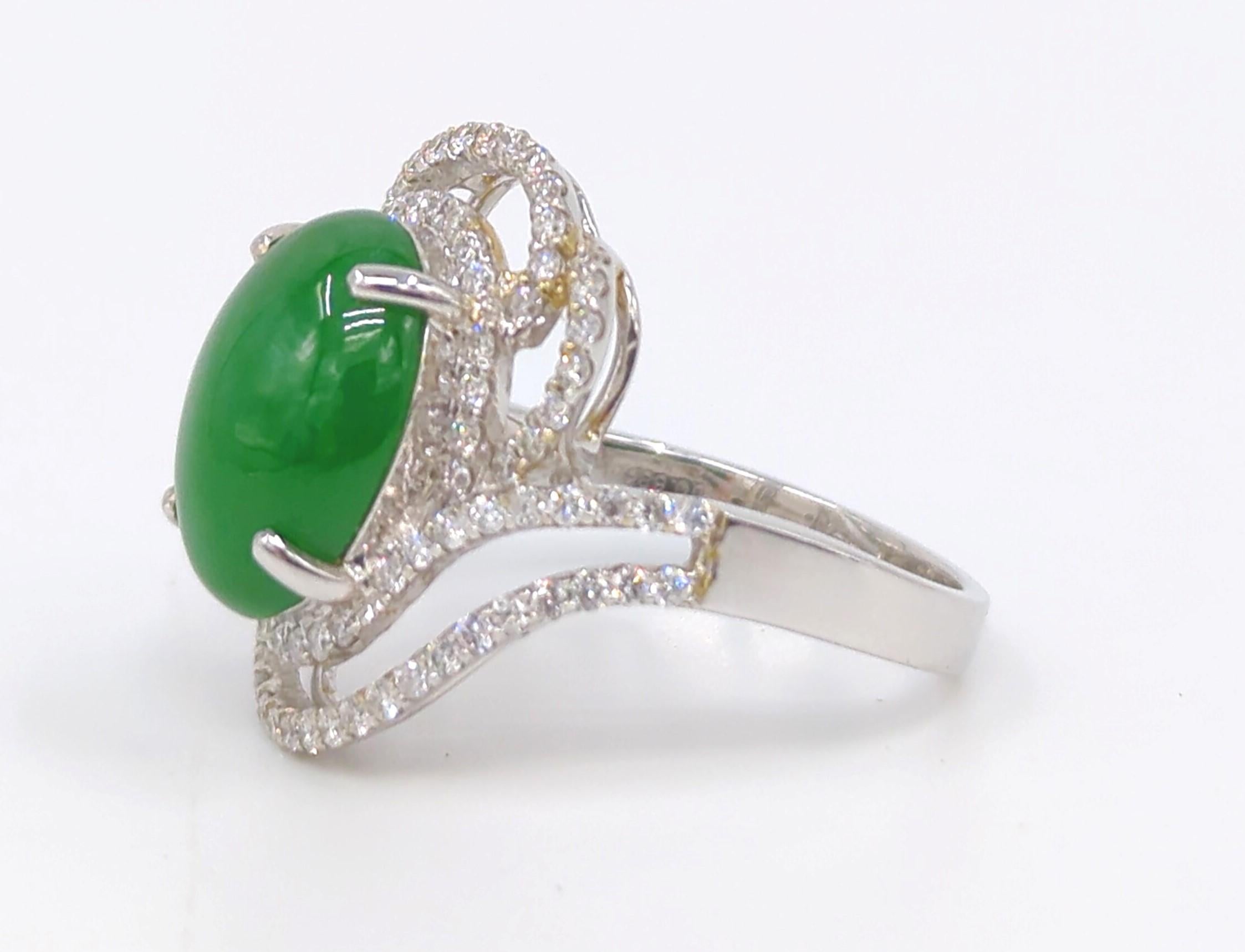 Cabochon 18K WG Ladies A-Grade Green Jadeite Diamond Ring GIA Gemologist Appraisal Sz 7.5 For Sale