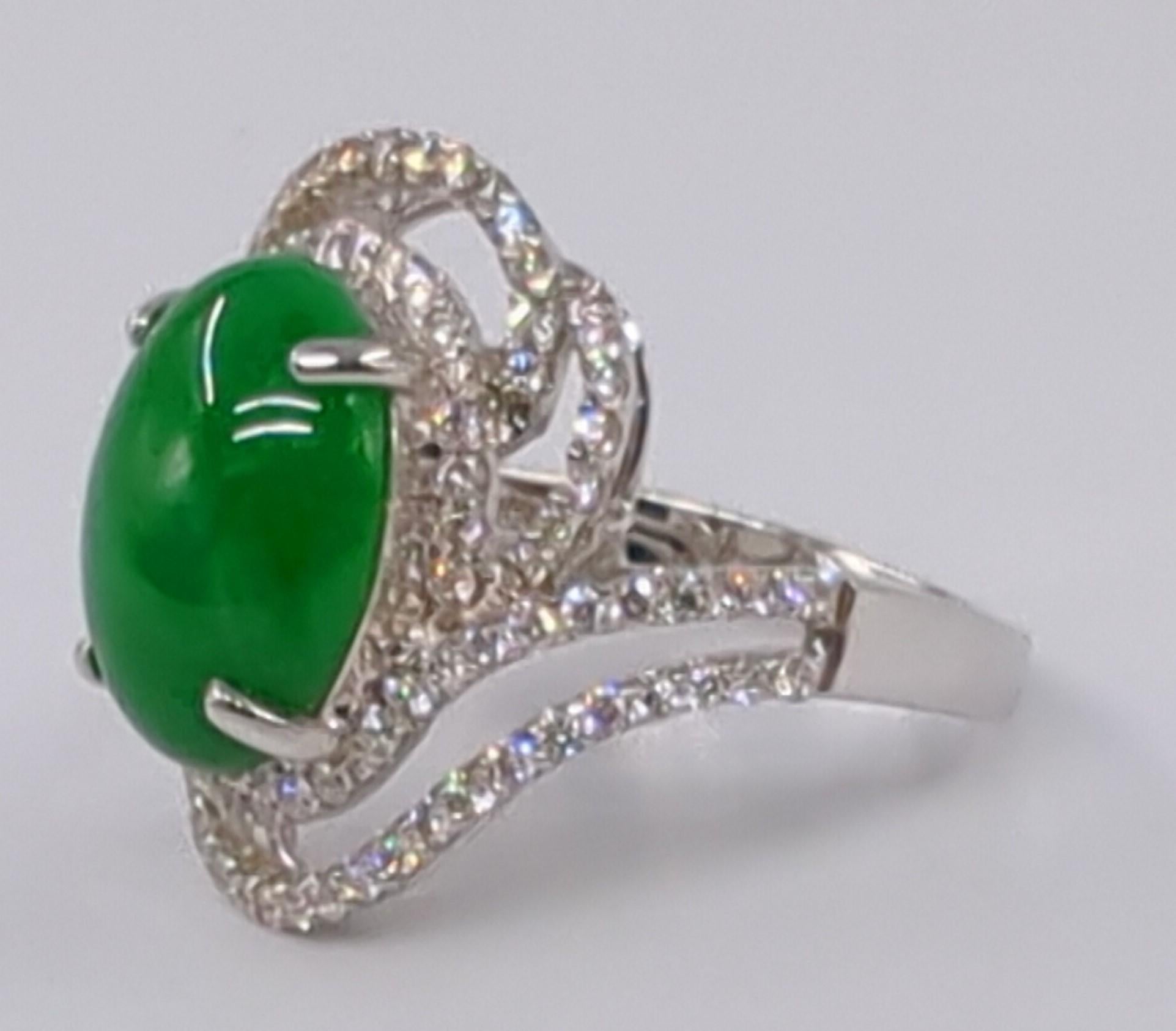 18K WG Ladies A-Grade Green Jadeite Diamond Ring GIA Gemologist Appraisal Sz 7.5 In Excellent Condition For Sale In Richmond, CA
