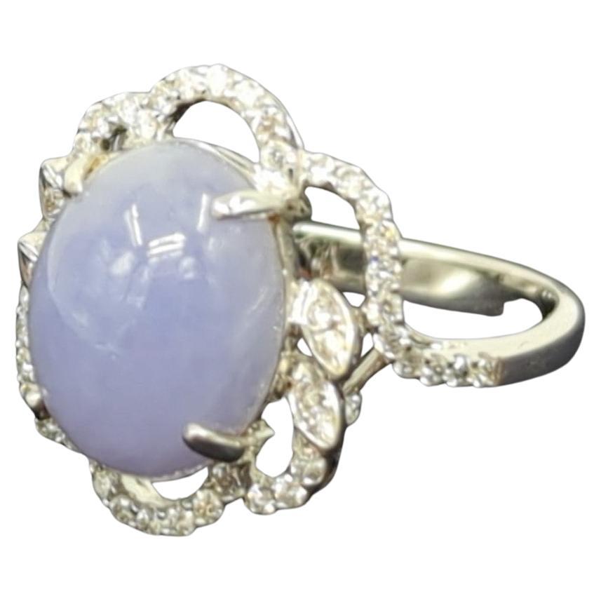 Cabochon 18K WG Lavender Jadeite Diamond Ring A-Grade, GIA Gemologist Appraisal Sz 7.5 For Sale