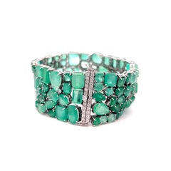 18K WG Link Bracelet with 1.5ct Round H SI Diamonds & 112ct Multi Shape Emerald