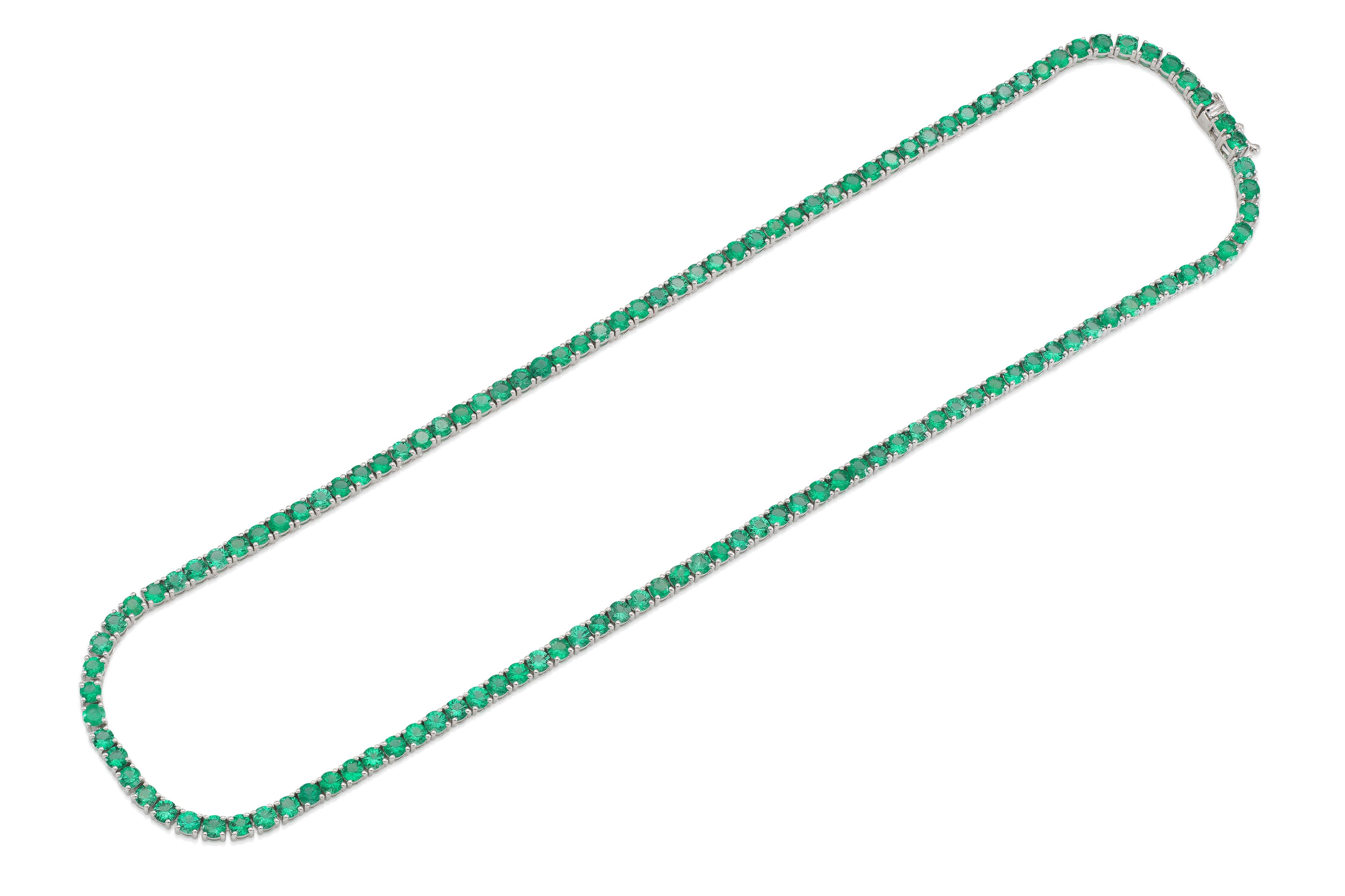 Round Cut 18K WG Natural Green Emerald Tennis Necklace Tw: 12.22 carats For Sale