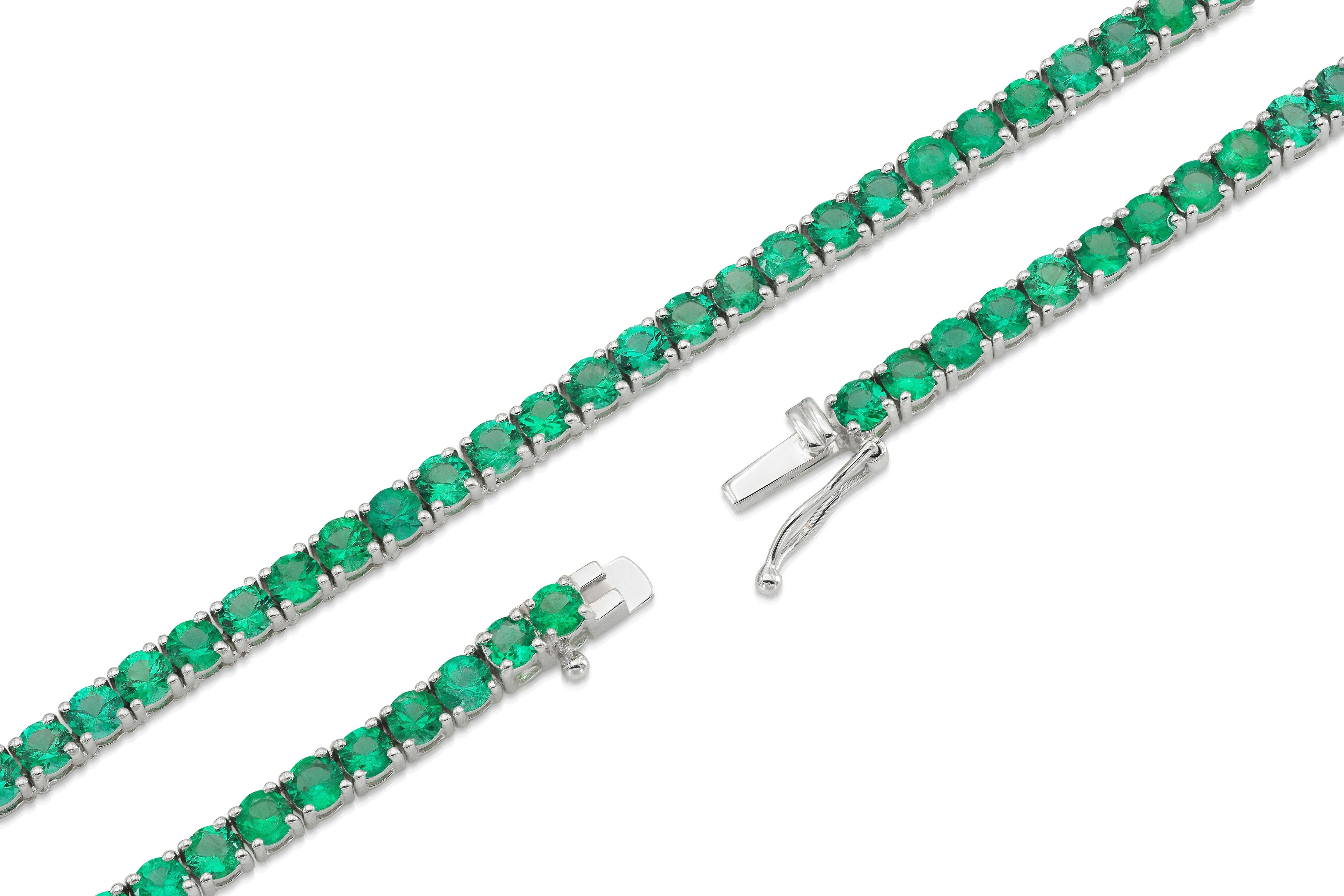18K WG Natural Green Emerald Tennis Necklace Tw: 12.22 carats In New Condition For Sale In New York, NY