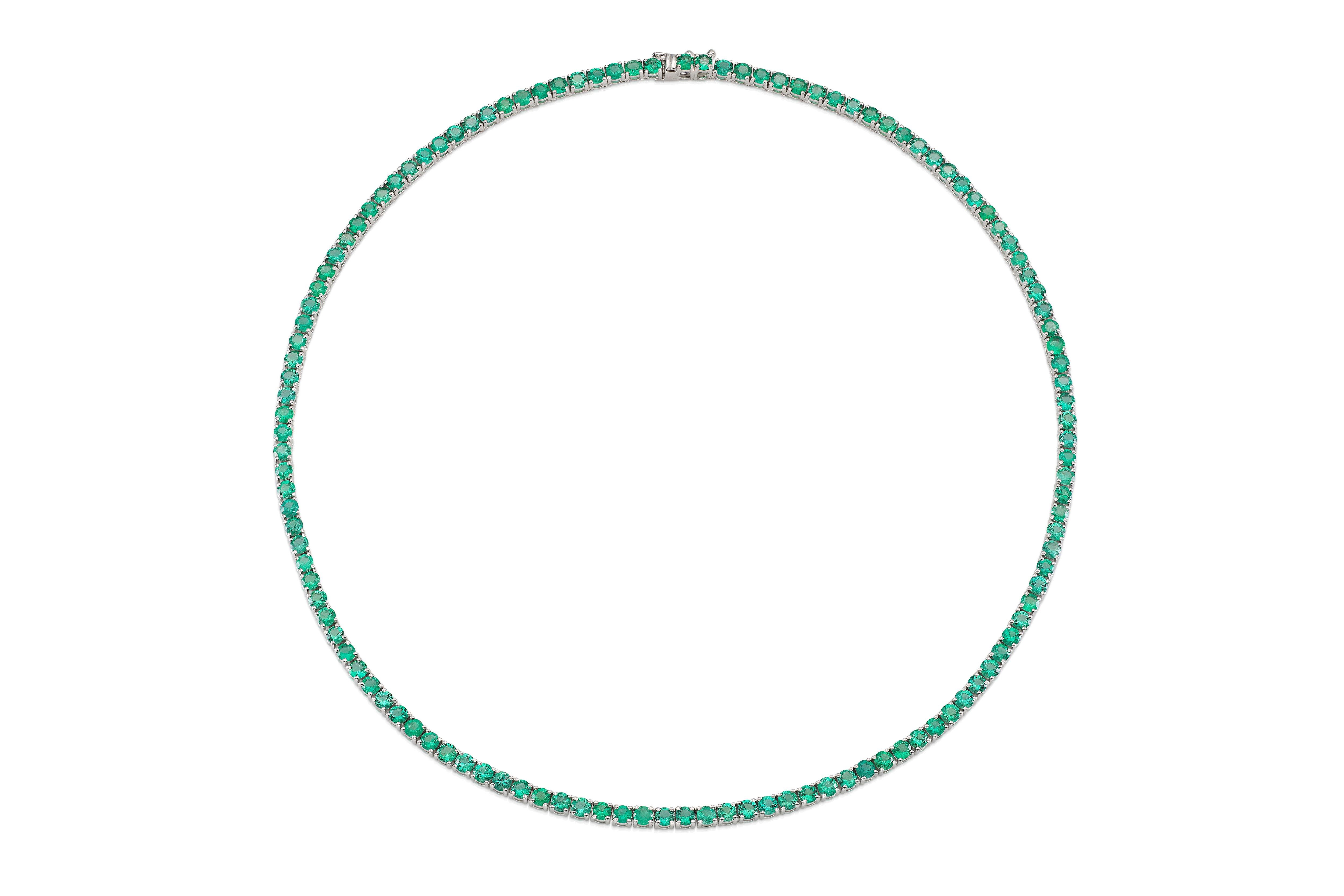 18K WG Natural Green Emerald Tennis Necklace Tw: 12.22 carats