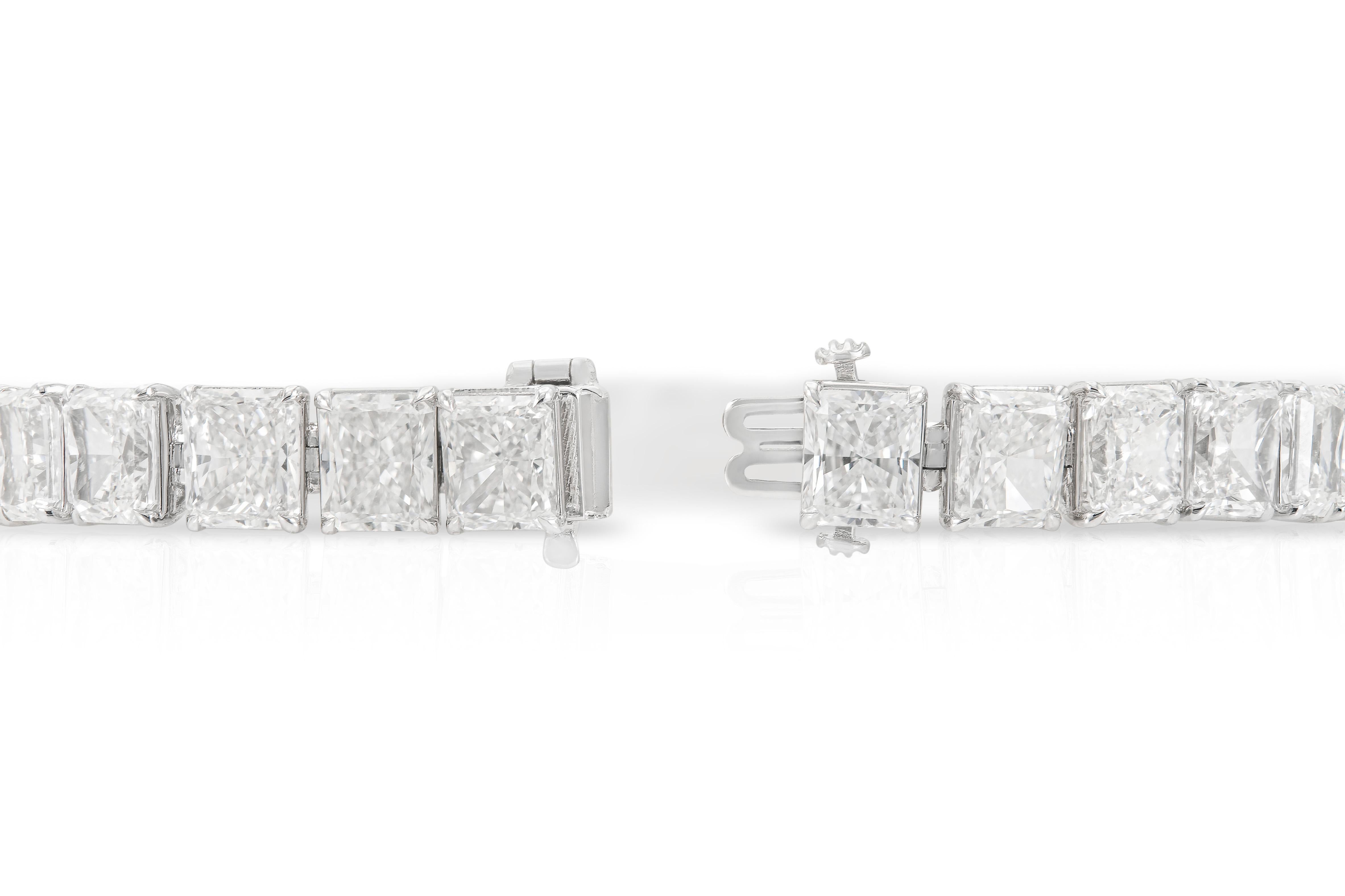 Handmade 18K White Gold Tennis Bracelet set with 32 Radiant Cut E-F-G color VS-SI clarity Natural Diamonds weighting a total of 32.20carat, all diamonds are GIA certified, 7 inch.