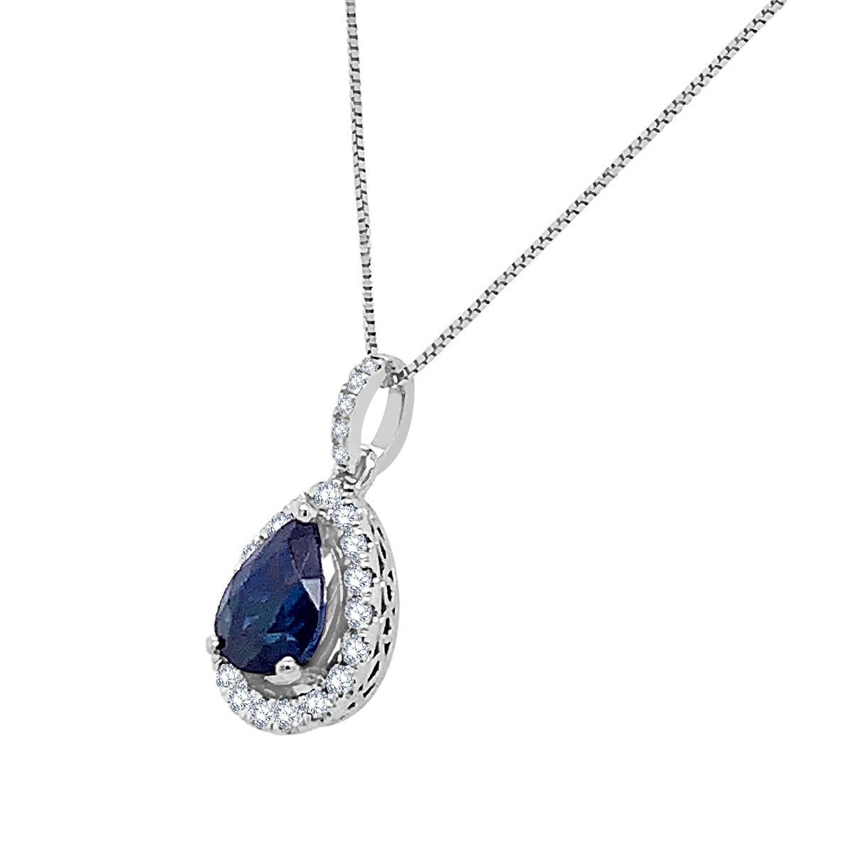 These extraordinary hand crafted 18k white gold pendant features preminum quality 1.92 Carat Pear Shape Blue Sapphire, framed in a halo of 0.30 carat total weight of brilliant diamonds. This pendant is ideal for any occasions. Experience the