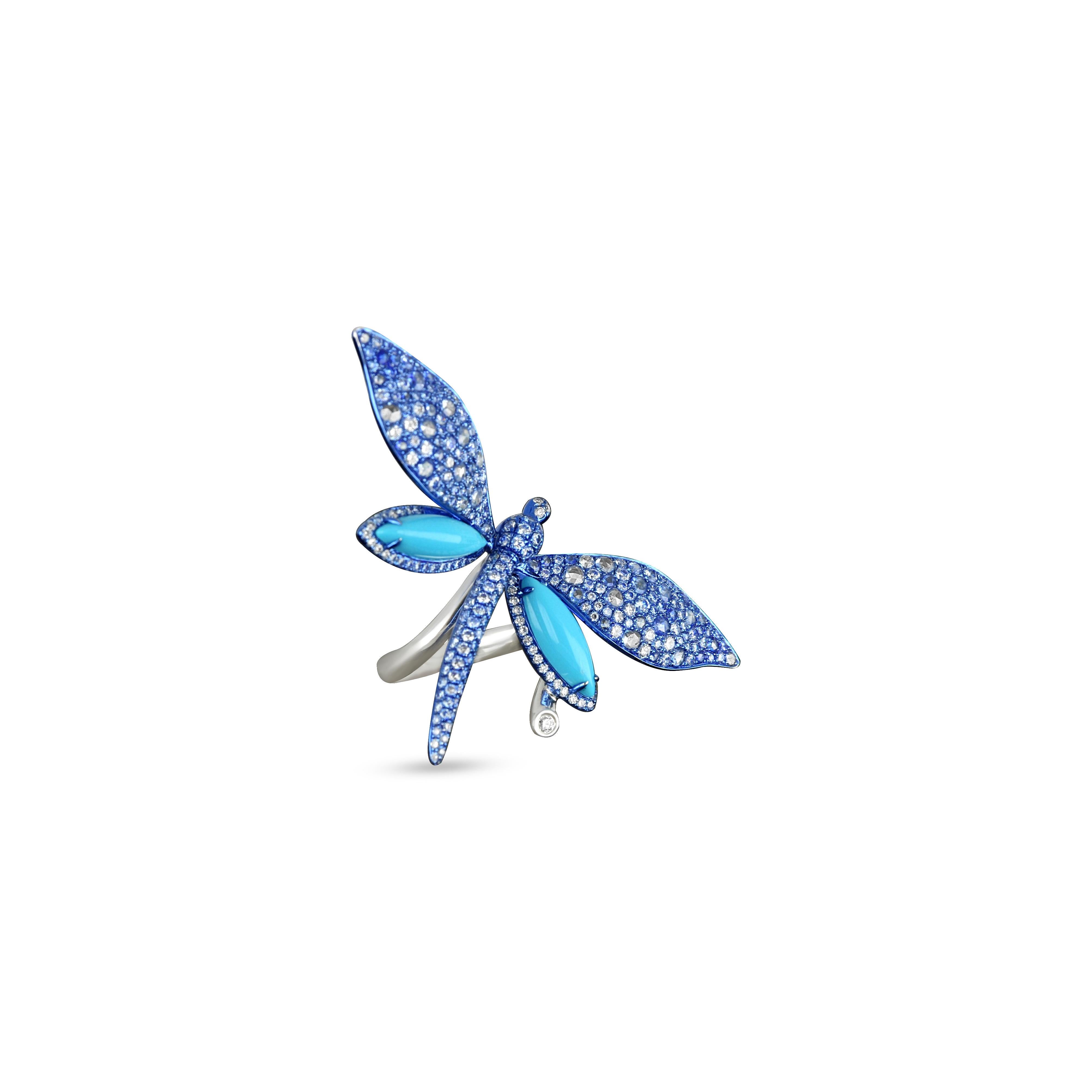This dragonfly inspired ring is a delicate marvel crafted from white gold of platinum. Its wings, intricately detailed with filigree or engraving, showcase round-cut diamonds that sparkle with movement. A beautiful centrepiece is a captivating