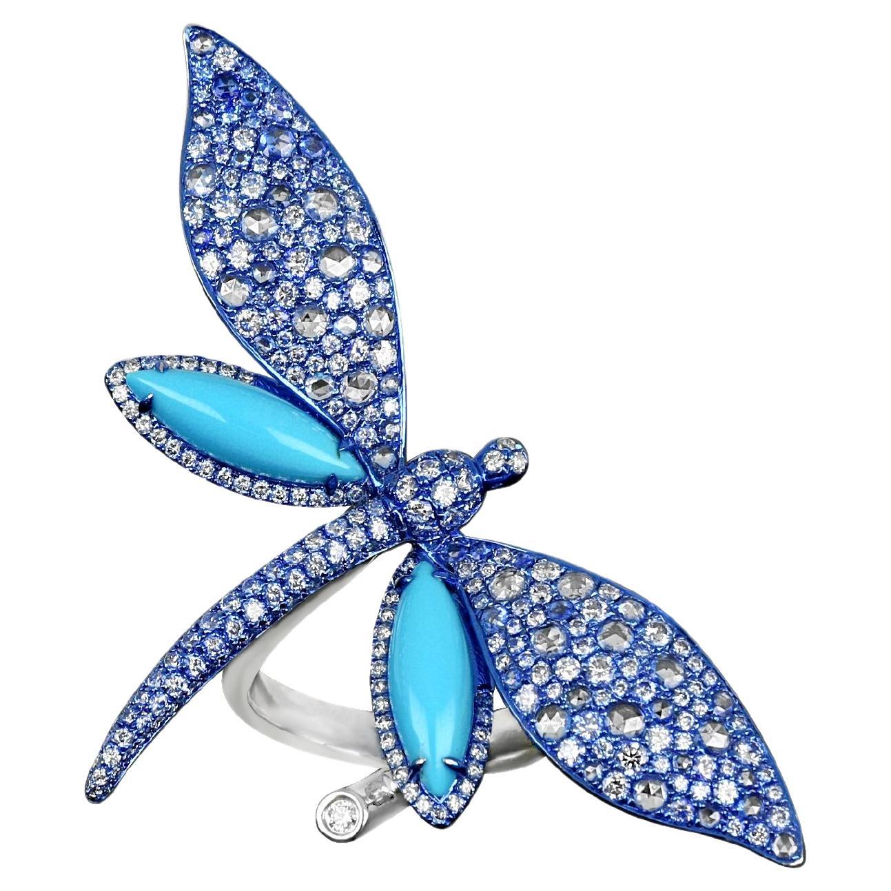 18K While Gold Dragonfly Ring with Turquoise and Round Cut Diamonds For Sale