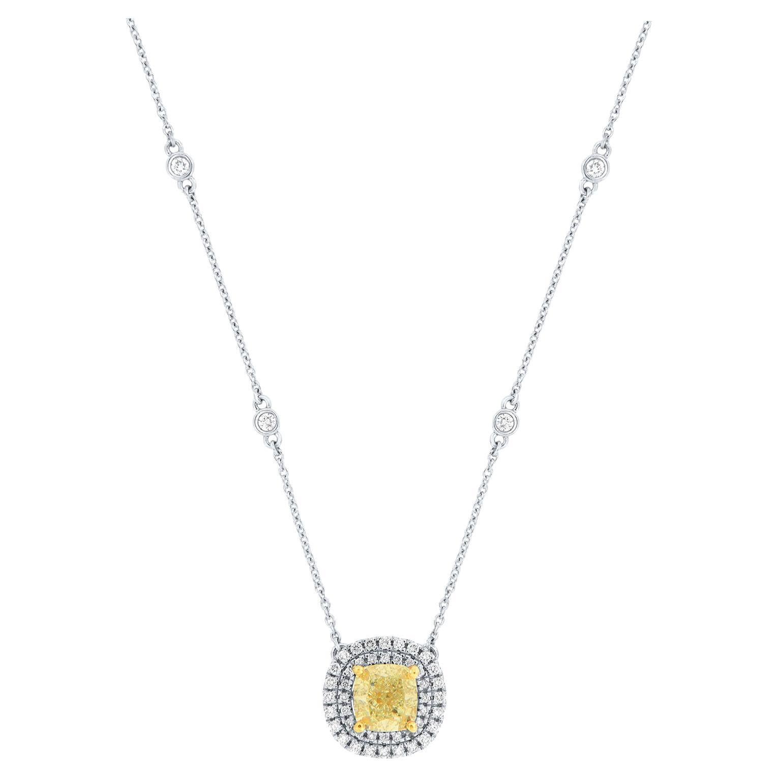 18k White& 22K Yellow Gold Fancy Yellow 1.50 Cushion Halo Diamond Necklace For Sale