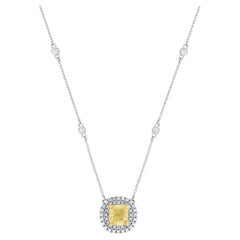 18k White& 22K Yellow Gold Fancy Yellow 1.50 Cushion Halo Diamond Necklace