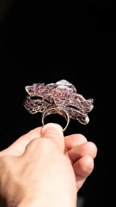 18k White and Black Gold Large Flower Cocktail Ring Approx 30ct Sapphire and Dia