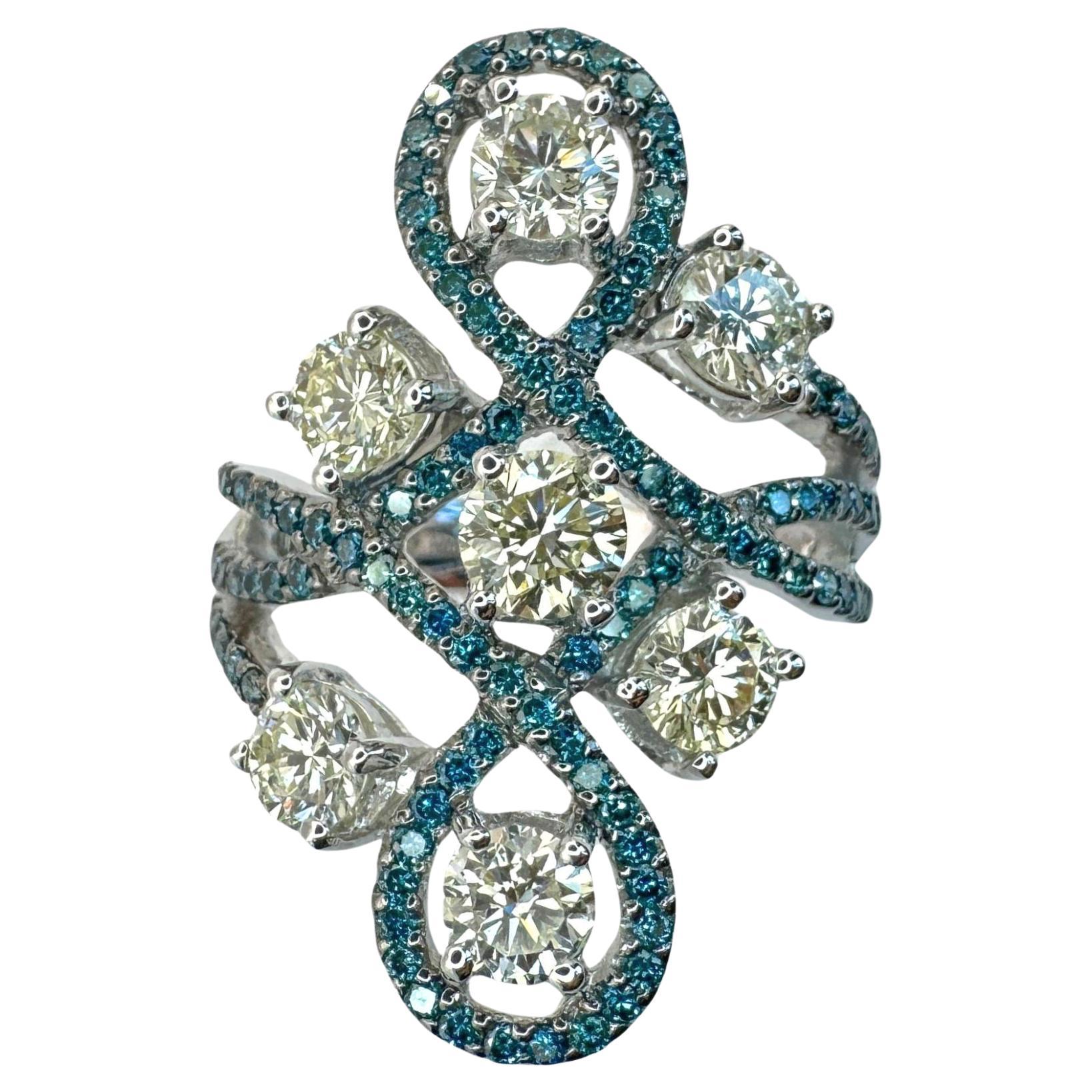 18K White and Irradiated Blue Diamond Ring For Sale