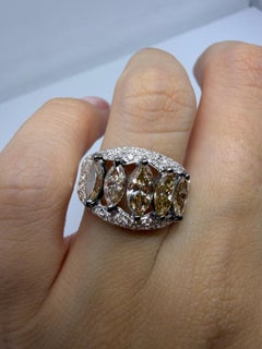 18k White and Champagne Brown Marquise Cut Diamond Wide Band Ring