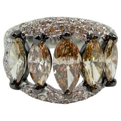 18k White and Champagne Brown Marquise Cut Diamond Wide Band Ring