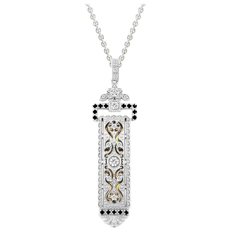 18K White/Yellow Gold Art Deco Style 'Cartouche' Pendant White & Black Diamonds For Sale