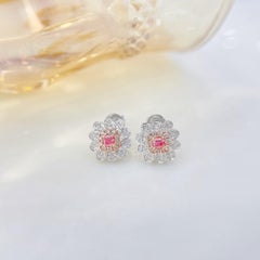 18K White and Pink Gold Diamond Cushion-Cut Floral Stud Earrings