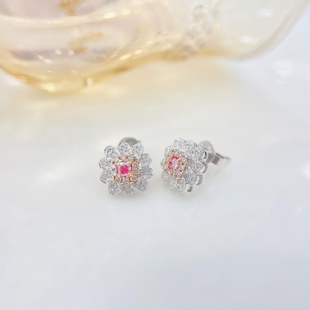 Modern 18K White and Pink Gold Diamond Cushion-Cut Floral Stud Earrings For Sale