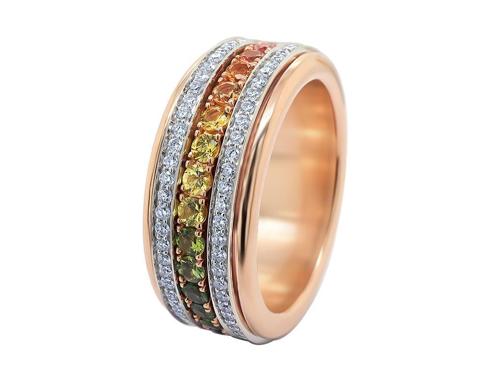 Round Cut 18K White and Pink Gold Rainbow Sapphire & Diamond Rolling Ring For Sale