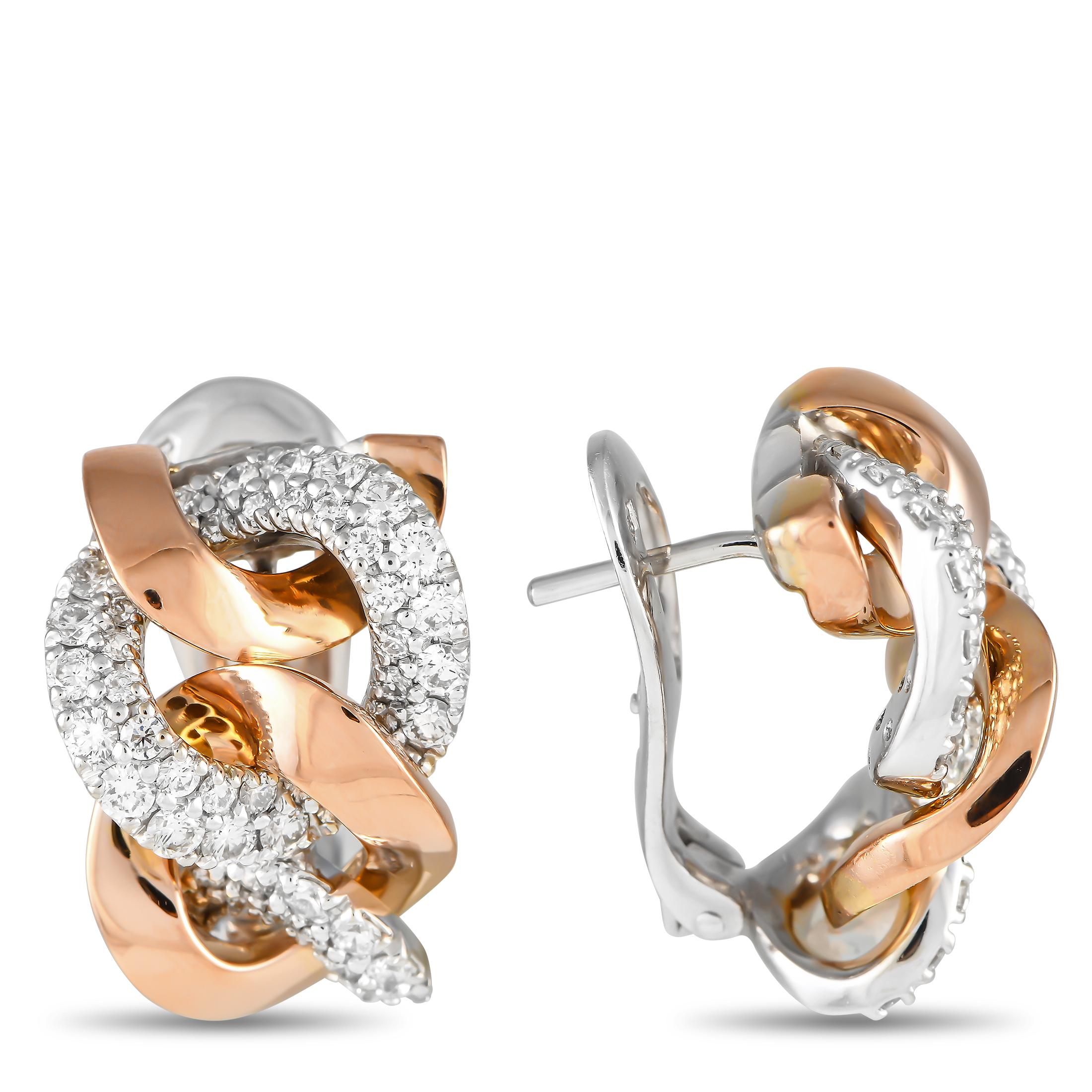 The pair to pick when you can't choose between white or rose gold. These two-toned ear sparklers have the perfect balance of warmth and class. Flat ribbons in polished rose gold intertwine seamlessly with diamond-encrusted white gold ribbons. The