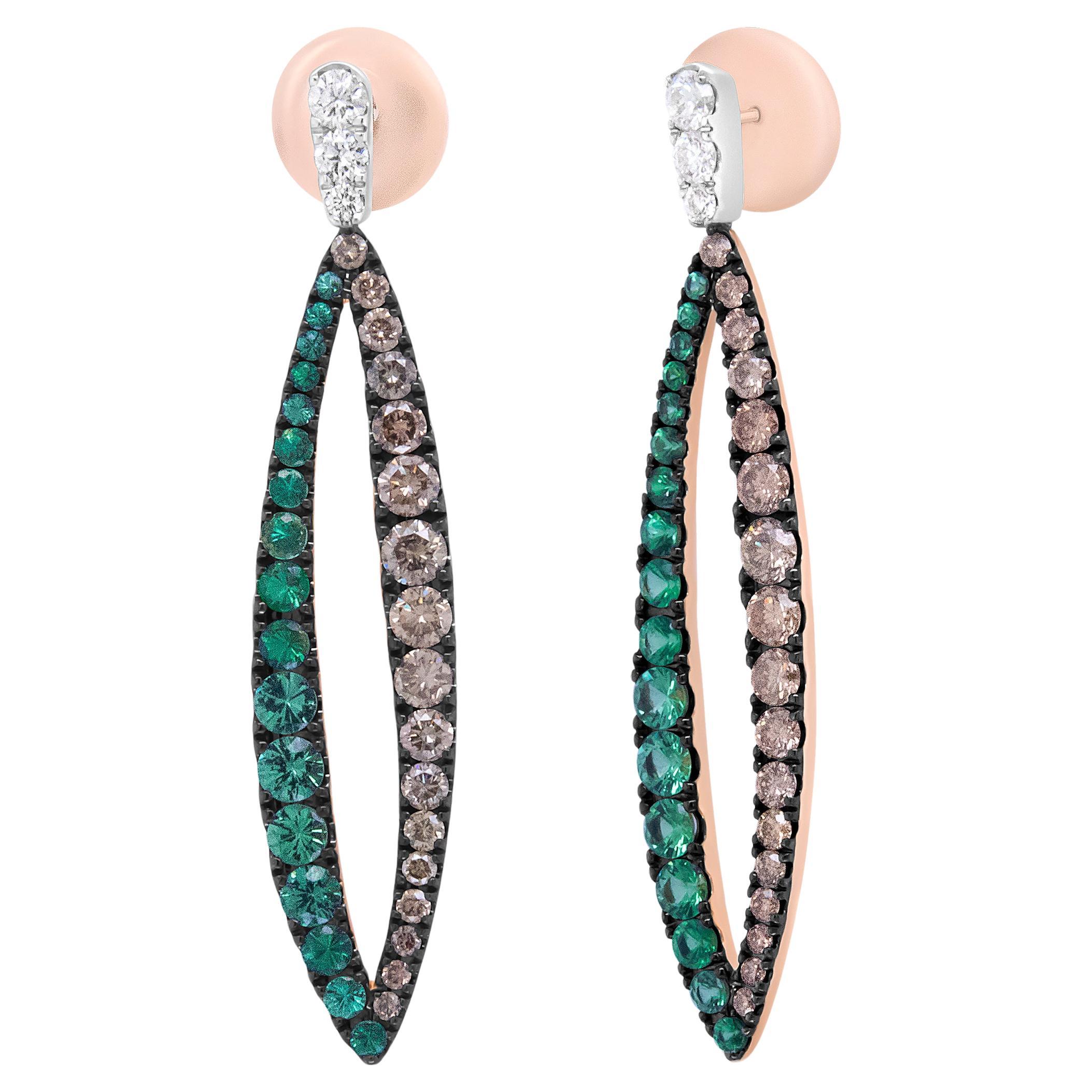 18K White and Rose Gold 4 3/4 Carat Diamond Green Tsavorite Dangle Earrings