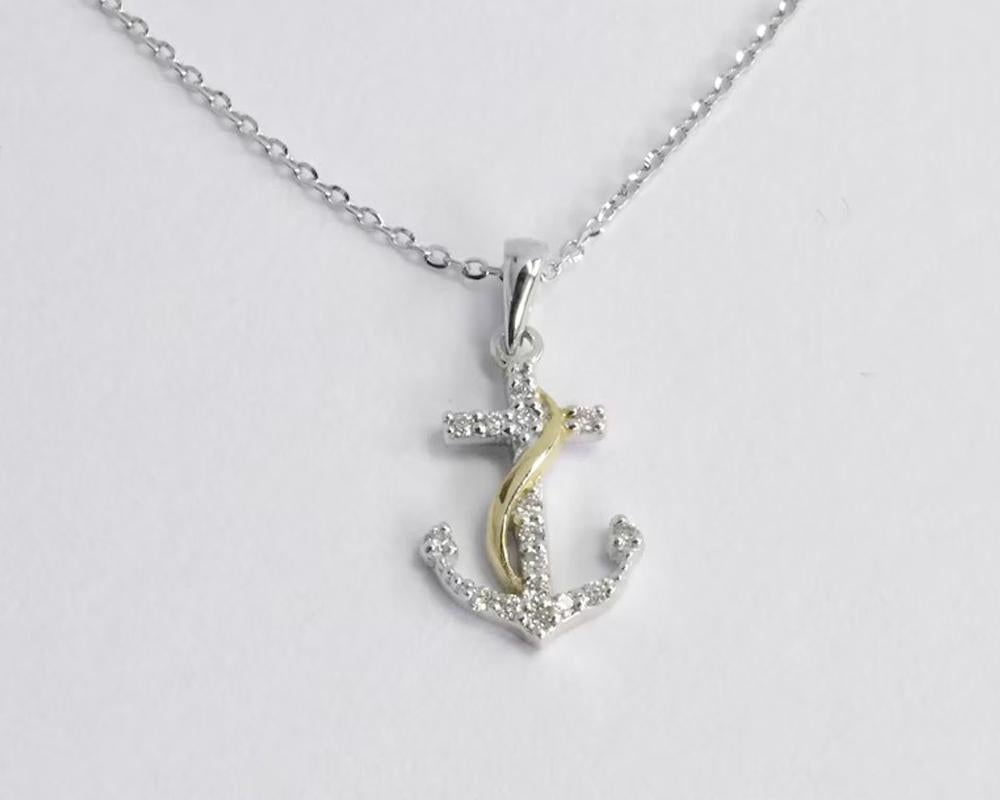 Modern 18k Gold Two-Tone Diamond Anchor Necklace Nautical Ocean Jewelry For Sale