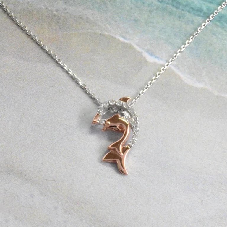 18k Gold Two-Tone Diamond Fish Necklace Ocean Dolphin Charm Pendant For ...