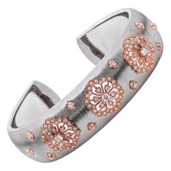 18K White and Rose Gold Diamond Floral Cuff Bracelet 0.73 Ct