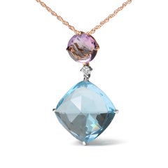 18K White and Rose Gold Diamond & Pink Amethyst & Blue Topaz Pendant Necklace