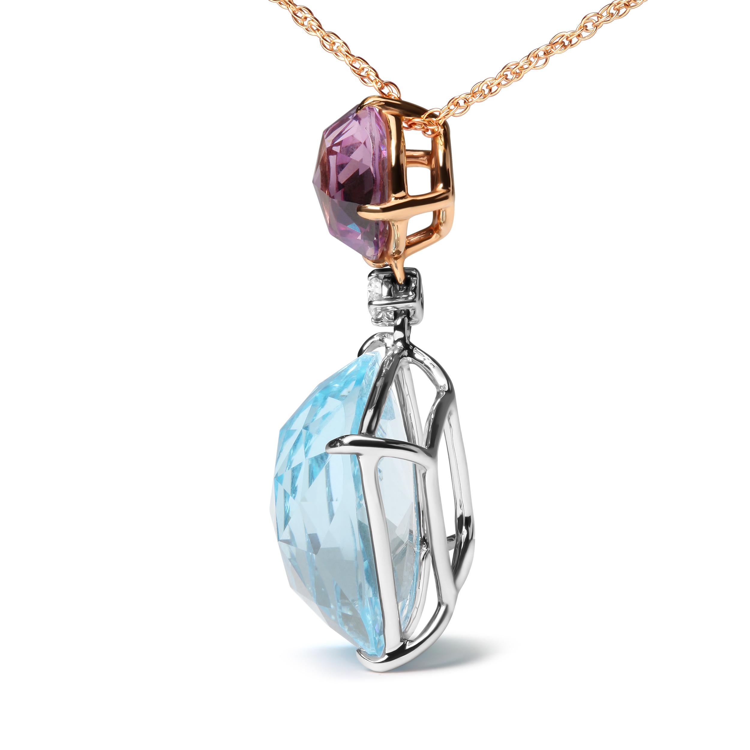 Contemporary 18K White and Rose Gold Diamond & Pink Amethyst & Blue Topaz Pendant Necklace For Sale