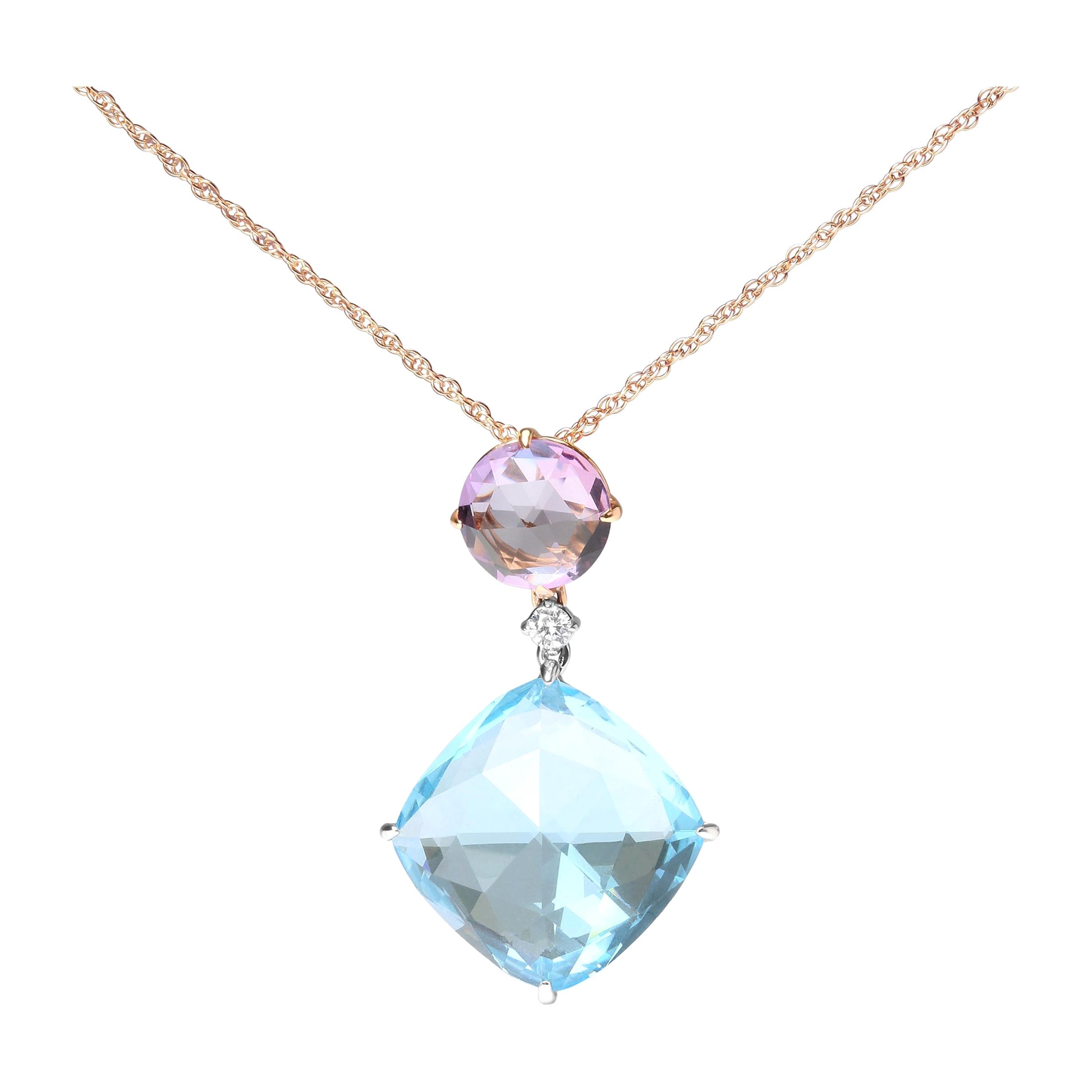 Collier pendentif en or blanc et rose 18 carats, diamant, améthyste rose et topaze bleue en vente
