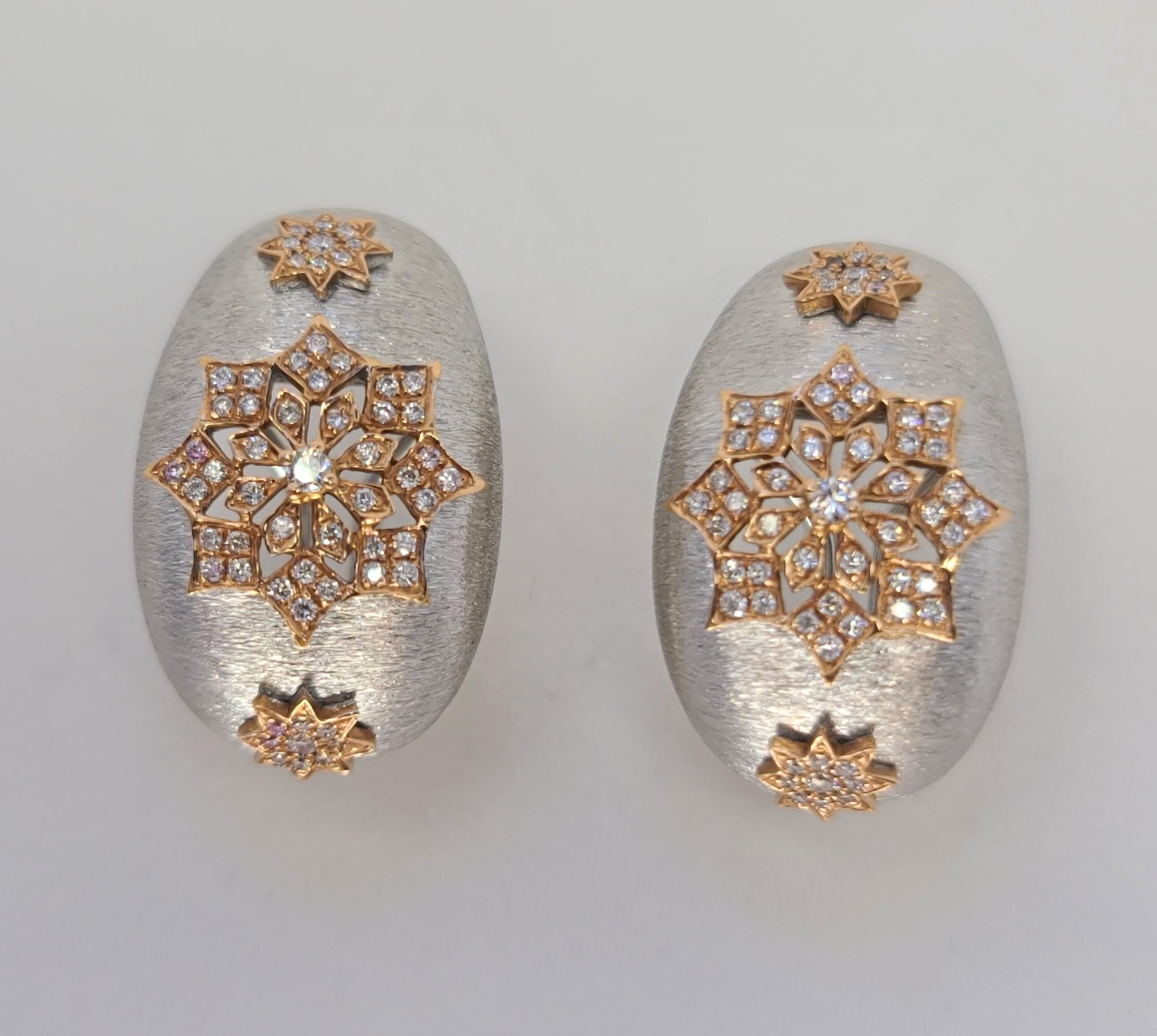 18 Karat White and Rose Gold Diamonds Cocktail Earrings in Florentine Technique 4