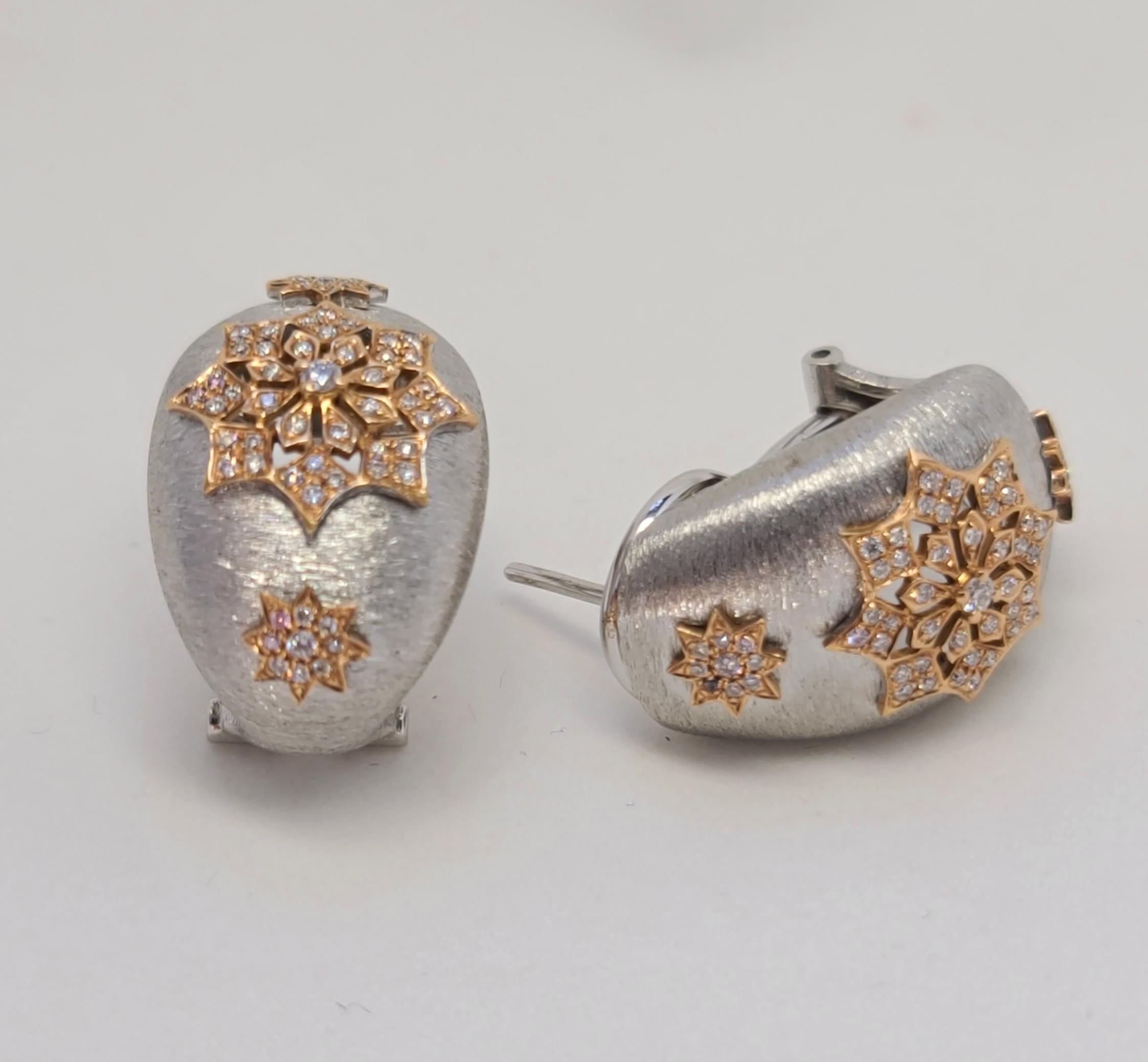 18 Karat White and Rose Gold Diamonds Cocktail Earrings in Florentine Technique 5