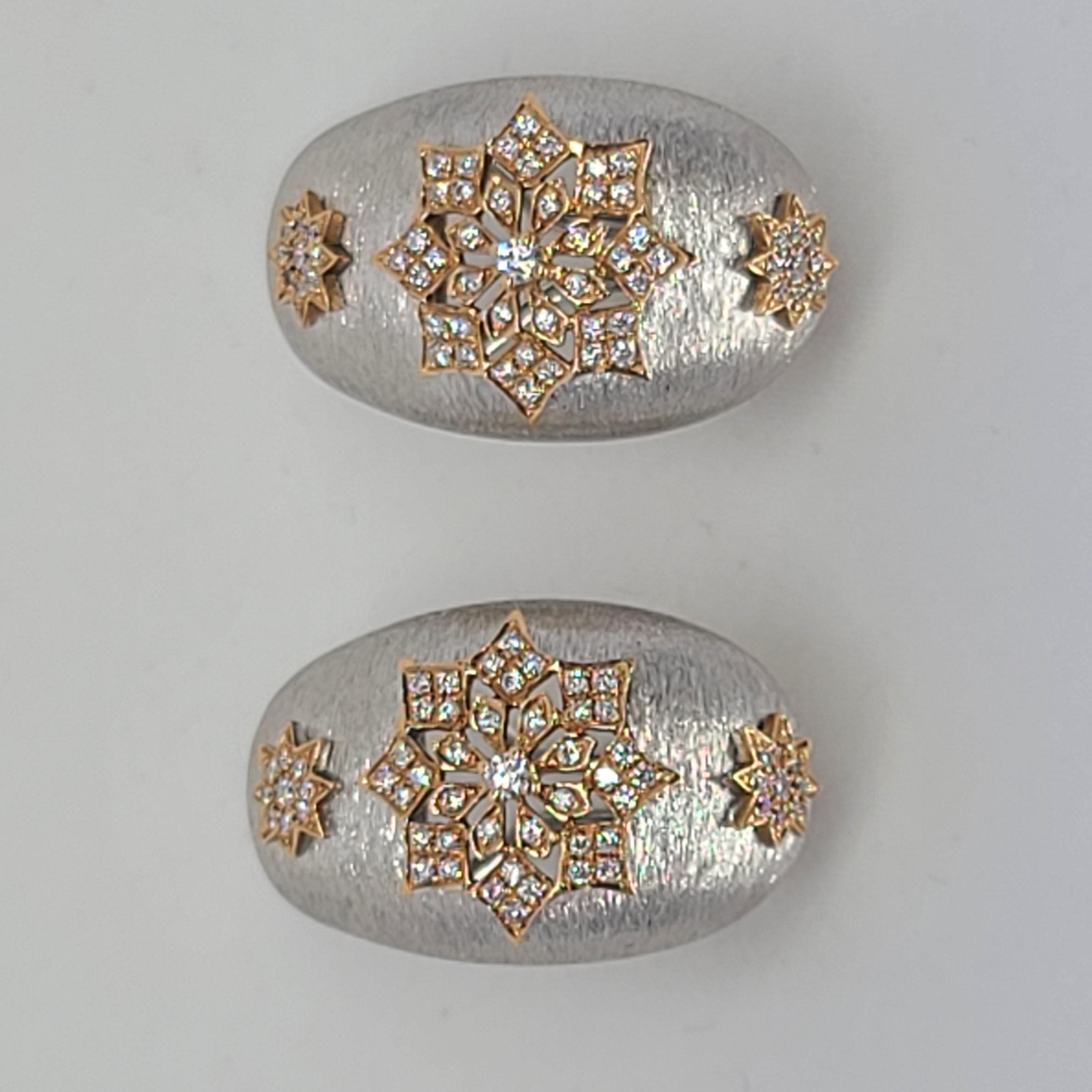 18 Karat White and Rose Gold Diamonds Cocktail Earrings in Florentine Technique 8